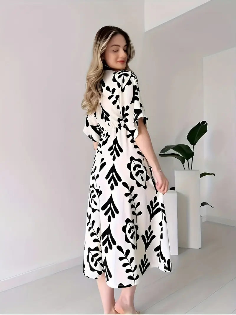 Elegant V-Neck Floral Print Midi Dress
