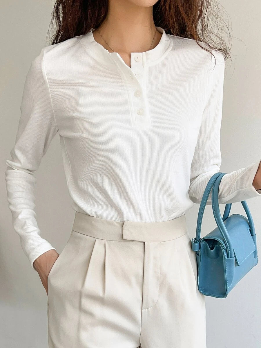 Quarter Button Rib Knit Tee