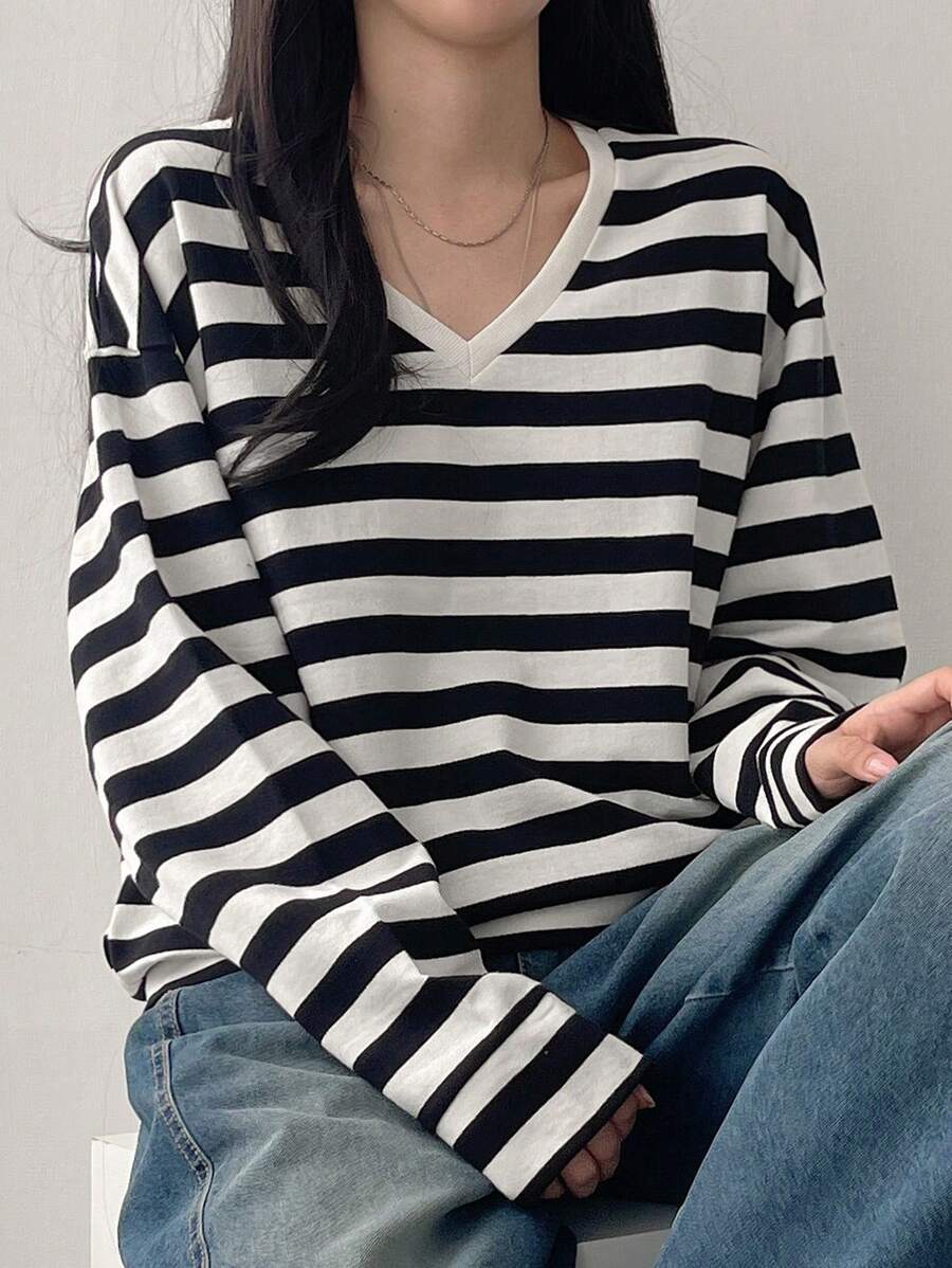 Striped V-Neck Long Sleeve Loose Sweatshirt