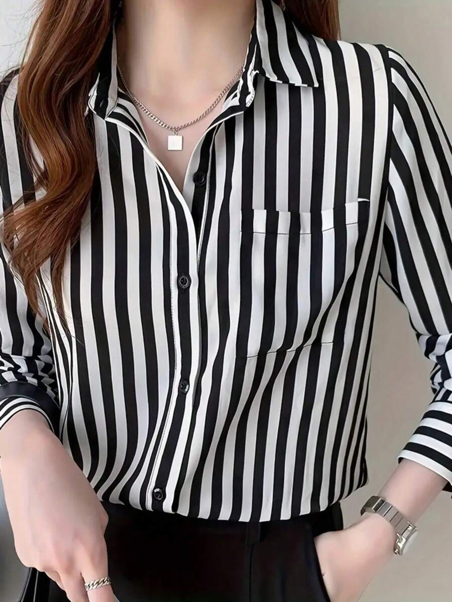 Striped Long Sleeve Pocket Loose