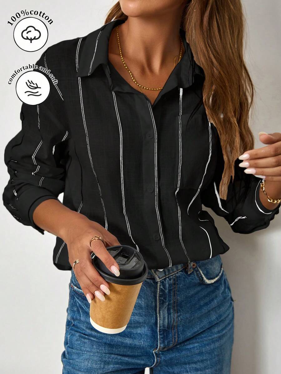 Loose Vertical Striped Long Sleeve Shirt