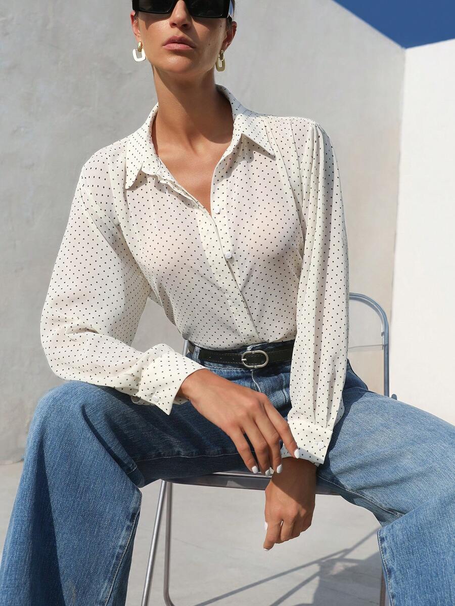 Black White Polka Dot Chiffon Sheer Collared Long Sleeve