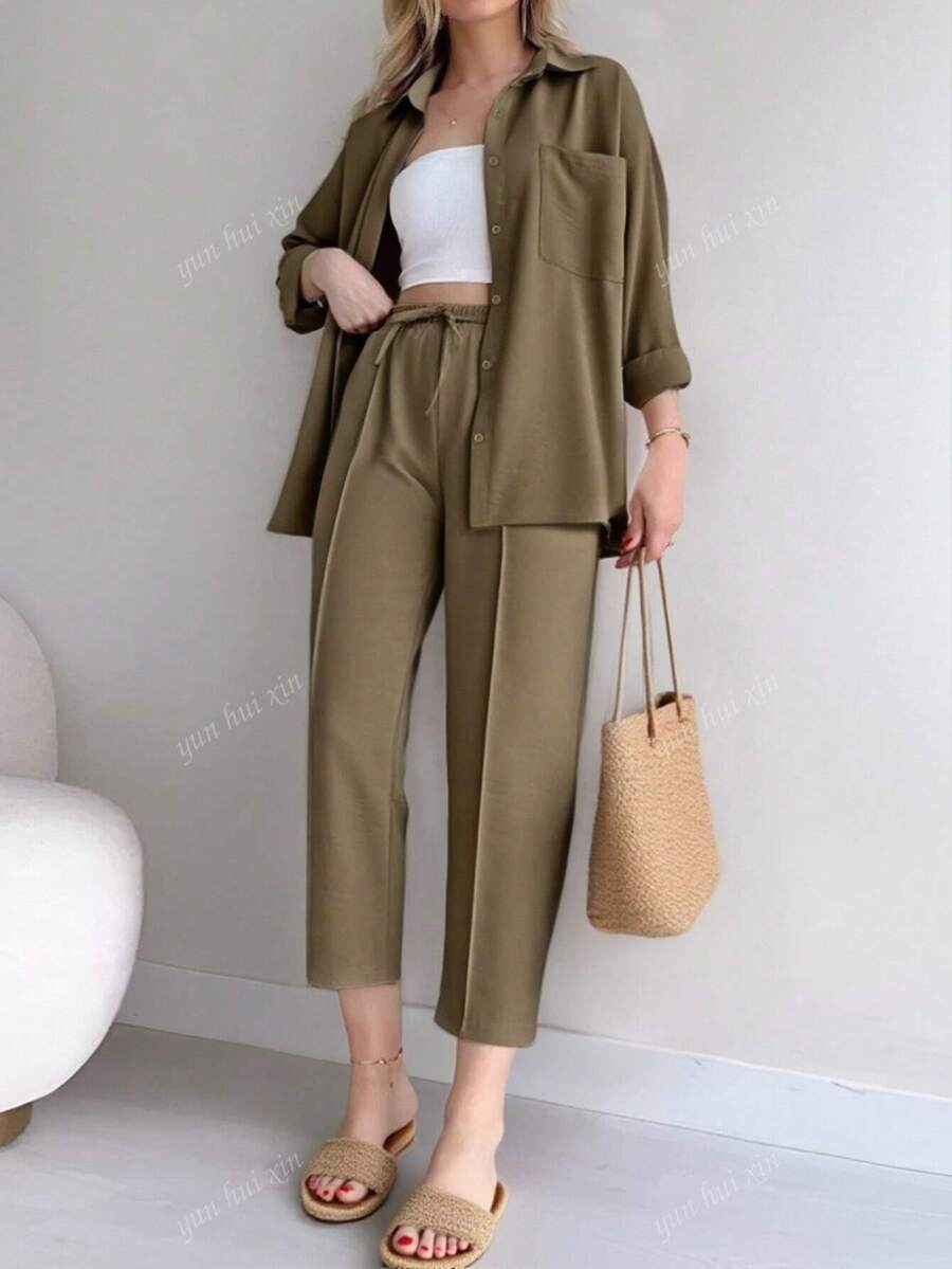 Set With Front Buttoned Long Sleeve Top And Tied Long Pants