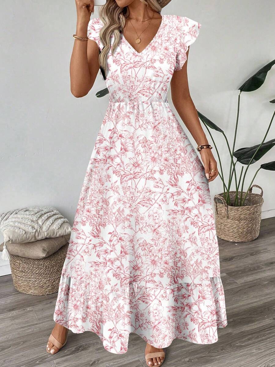 V Neck Floral Print Flare Sleeve Dress