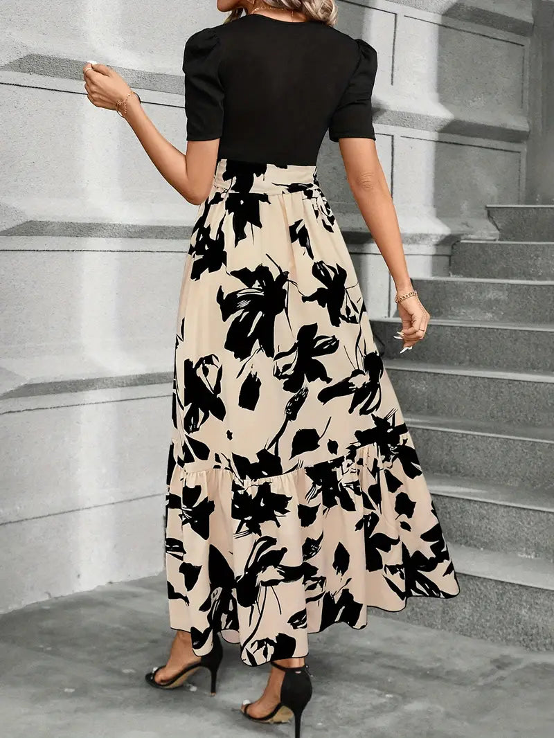 Print Midi Dress with Belt Crew Neck Short Sleeve