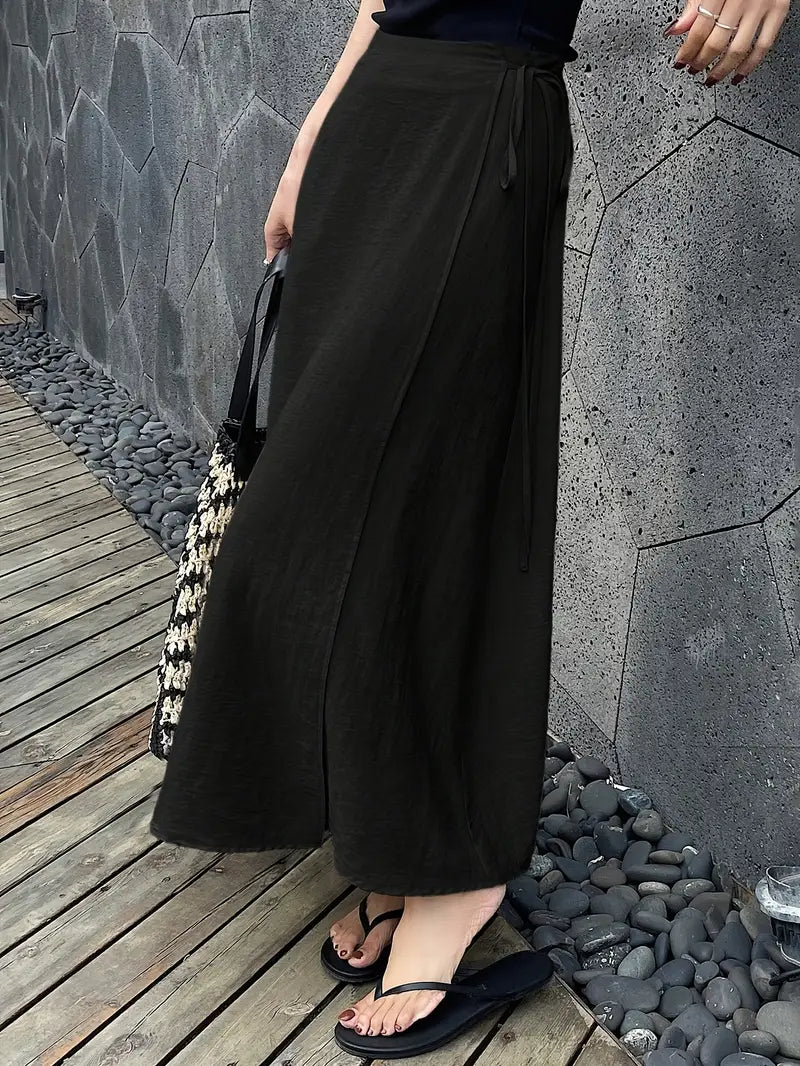 Casual Tie Front Maxi Skirt High Waisted