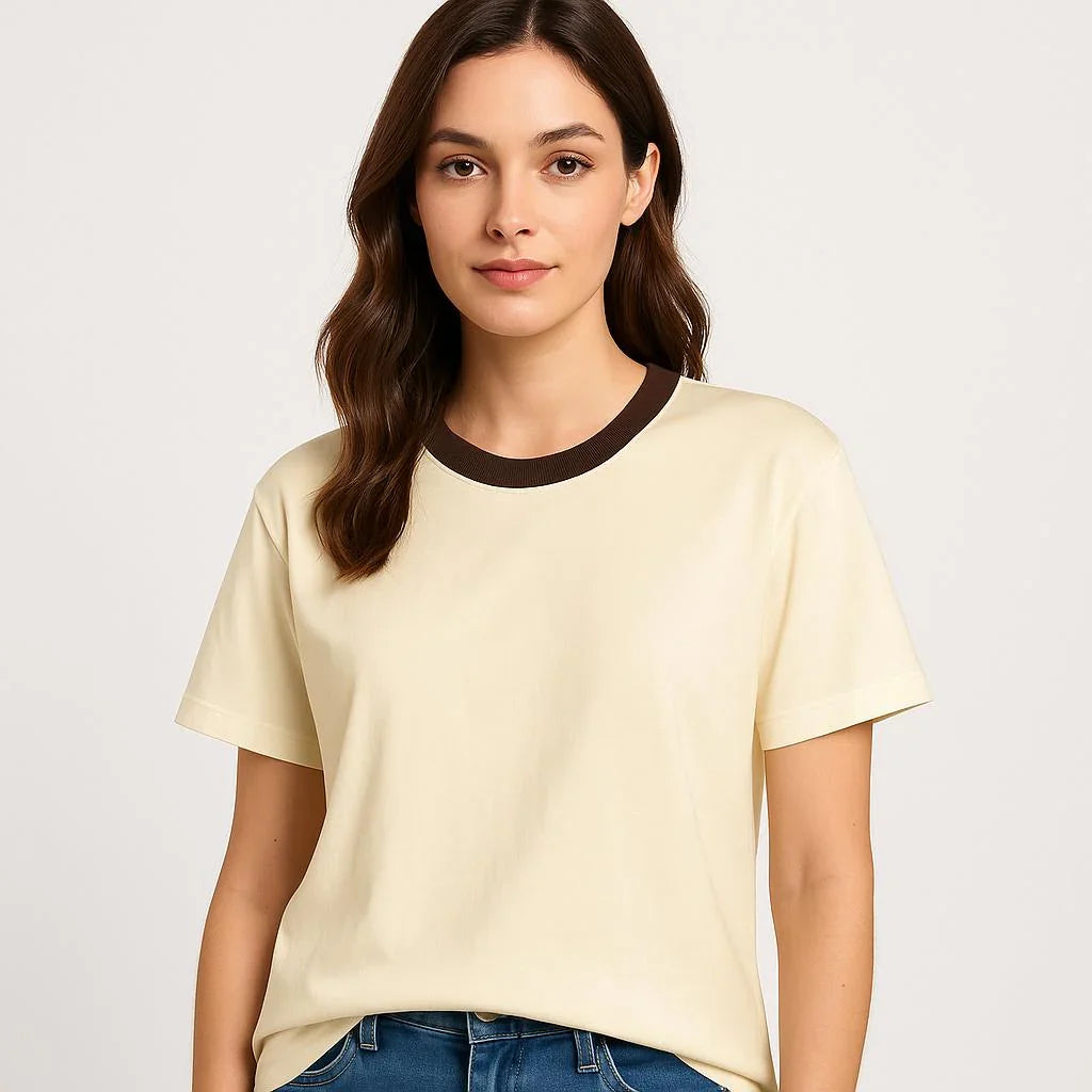 Brown Contrast Collar, Short Sleeve, Medium Stretch,