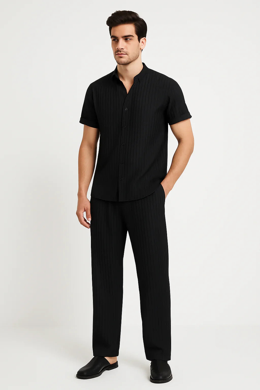 Men's Summer Solid Color Striped 2pcs Set