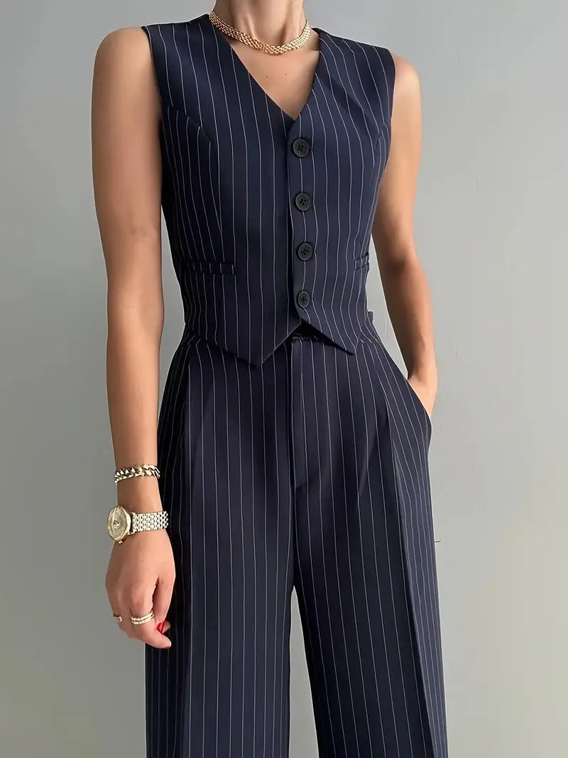 Striped V-Neck Button-Up Waistcoat & Straight Leg Pants