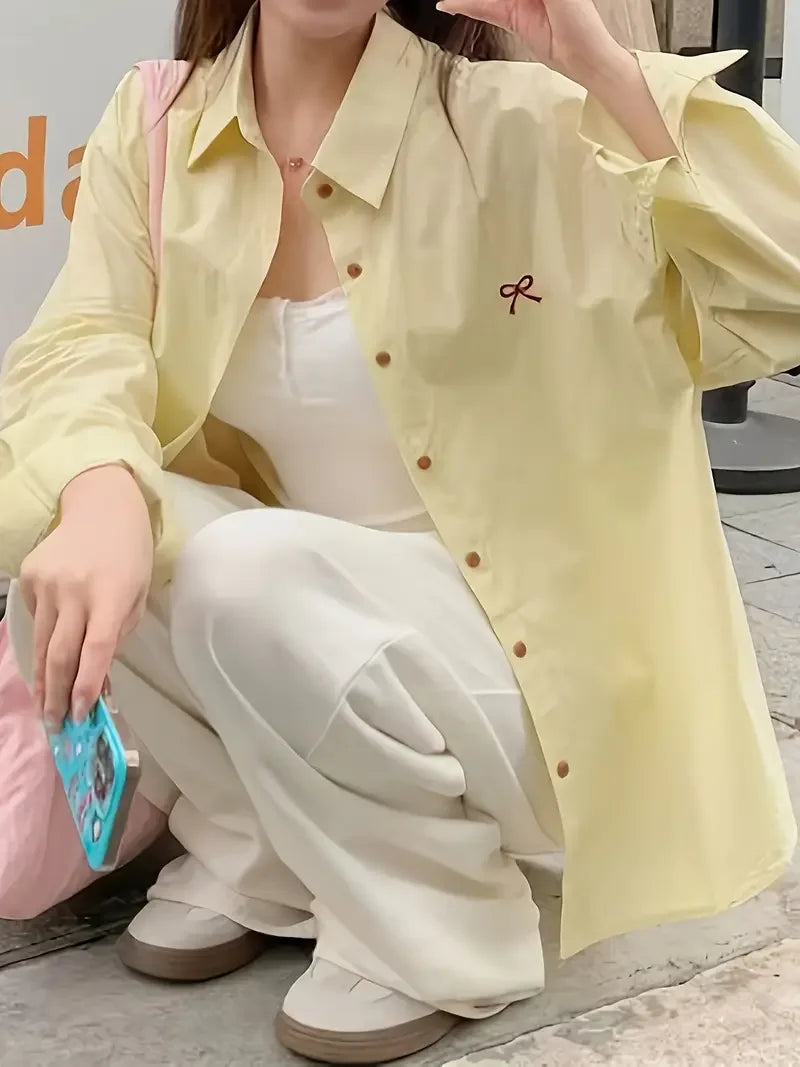 Casual Loose Fit, Butterfly Bow Embroidered Long Sleeve Shirt