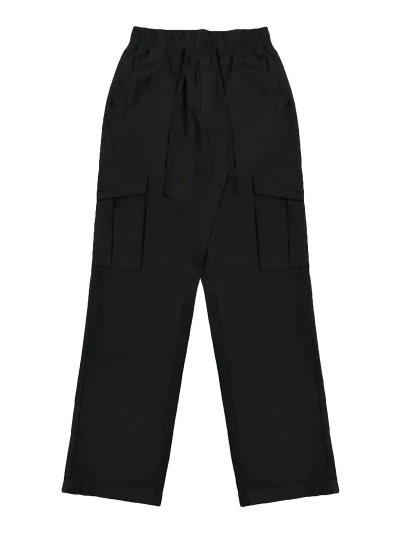Solid Straight Leg Cargo Pants,