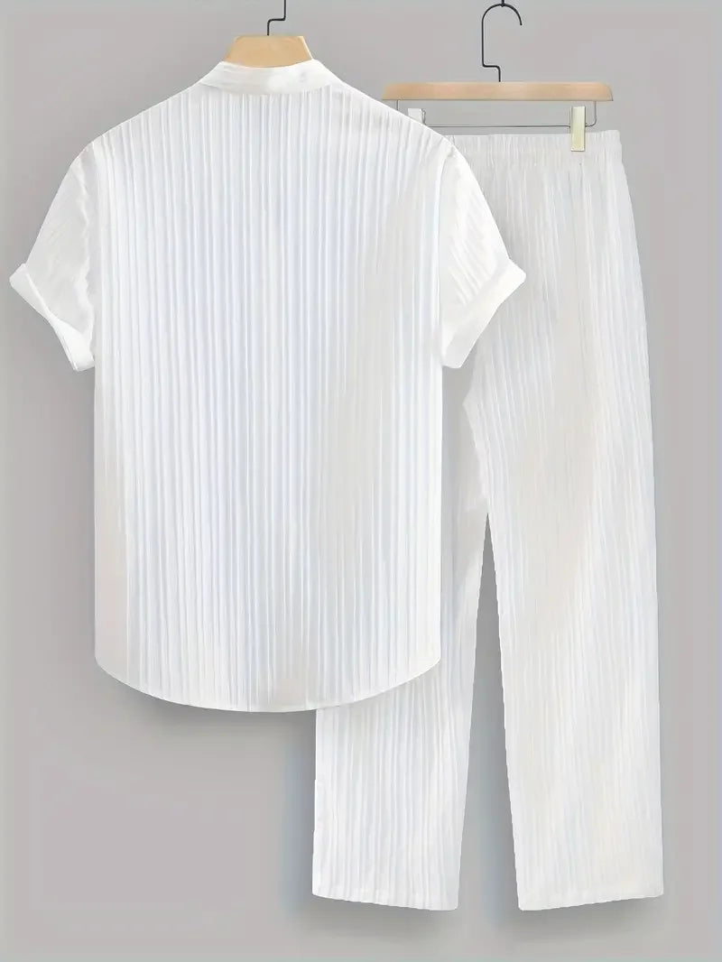 Men's Summer Solid Color Striped 2pcs Set