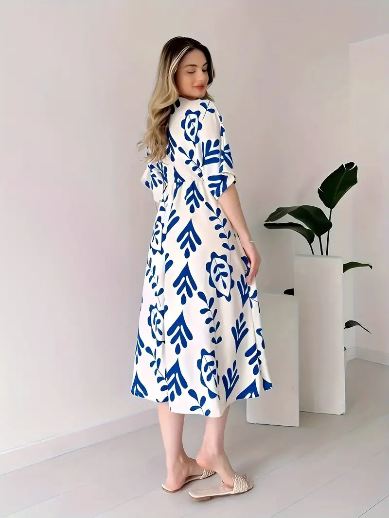 Elegant V-Neck Floral Print Midi Dress