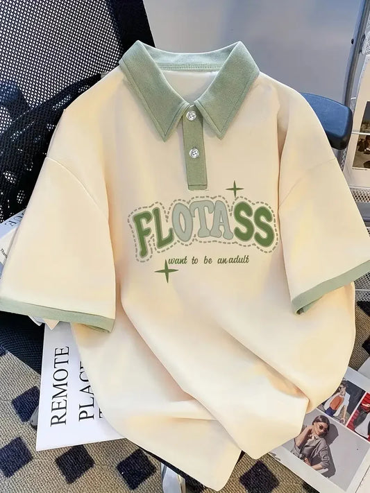 Casual Short Sleeve with Lettering, Button-Up Collar