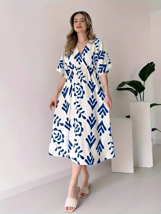 Elegant V-Neck Floral Print Midi Dress