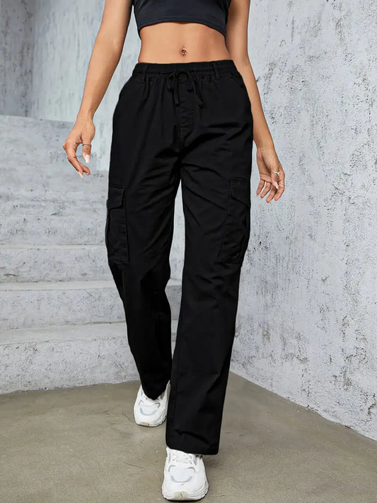 Solid Straight Leg Cargo Pants,