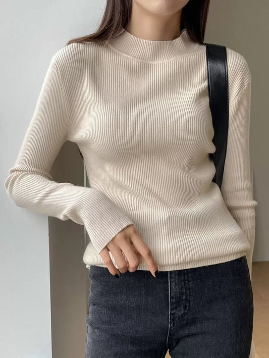Plain Collar Long Sleeve Knitted Sweater