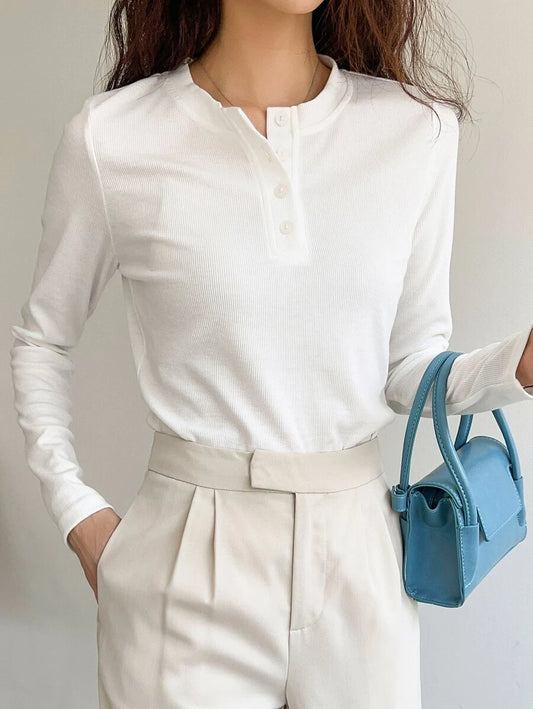Quarter Button Rib Knit Tee
