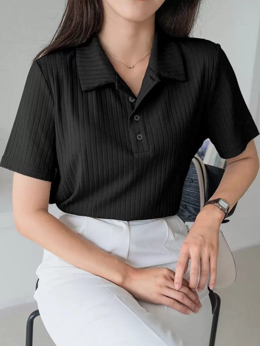 Polo Neck Ribbed Knit Tee