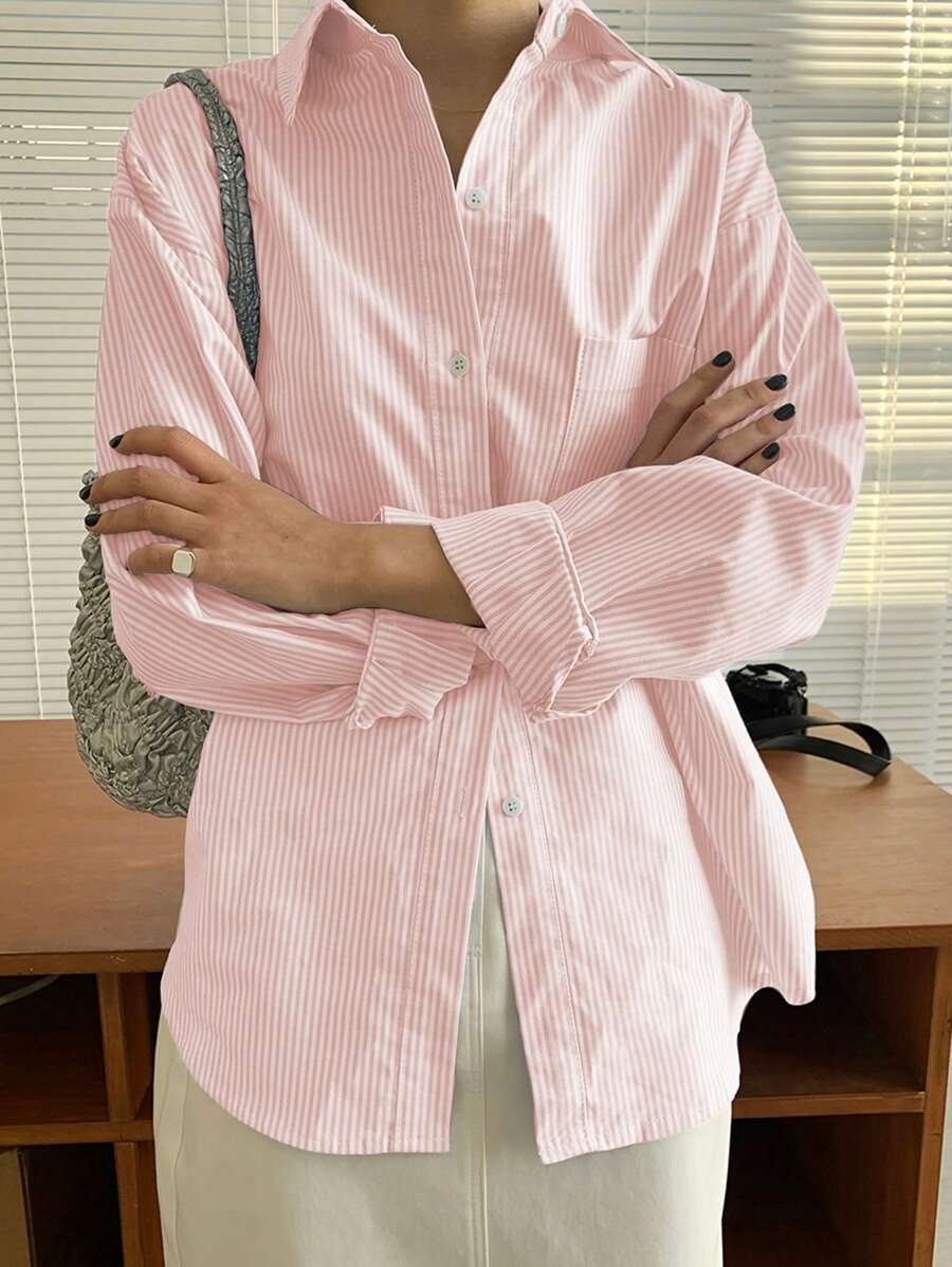 Striped Drop Shoulder Pocket Patched Shirt