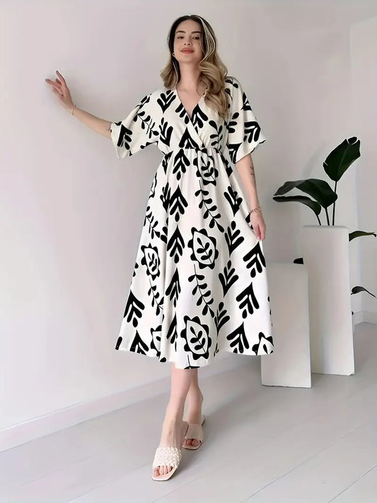 Elegant V-Neck Floral Print Midi Dress