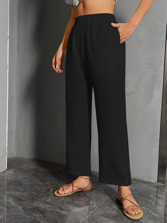 Solid Slant Pocket Straight Leg Pants