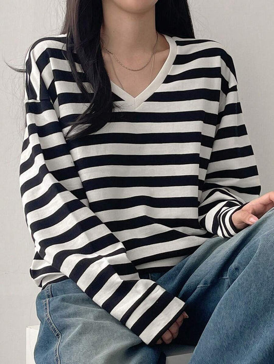 Striped V-Neck Long Sleeve Loose Sweatshirt