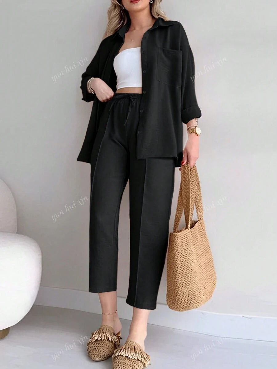 Set With Front Buttoned Long Sleeve Top And Tied Long Pants