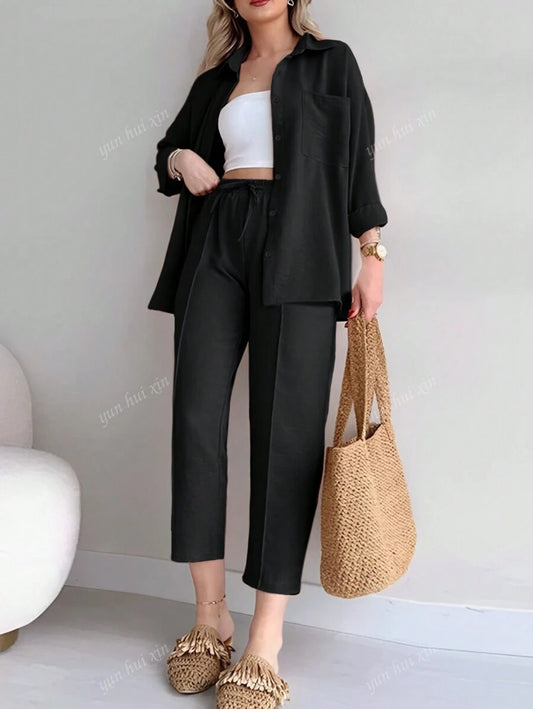Set With Front Buttoned Long Sleeve Top And Tied Long Pants