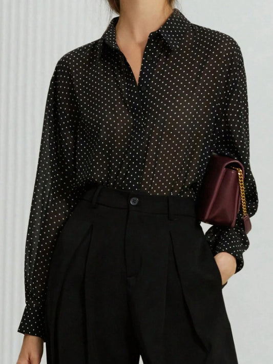 Black White Polka Dot Chiffon Sheer Collared Long Sleeve