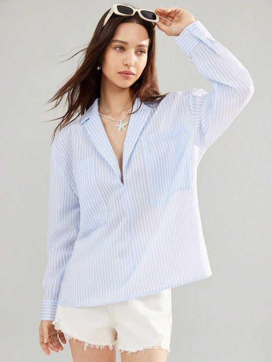 Blue White Striped Textured Crinkle Shirt