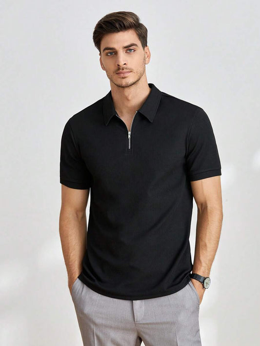 Plain Quarter Zip Ribbed Knit Polo Shirt