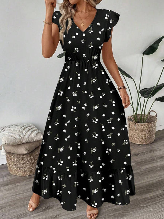 V Neck Floral Print Flare Sleeve Dress