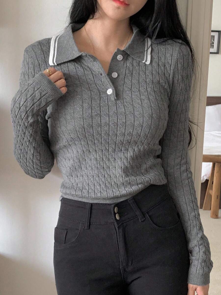 Collared Striped Knit Casual Long Sleeve