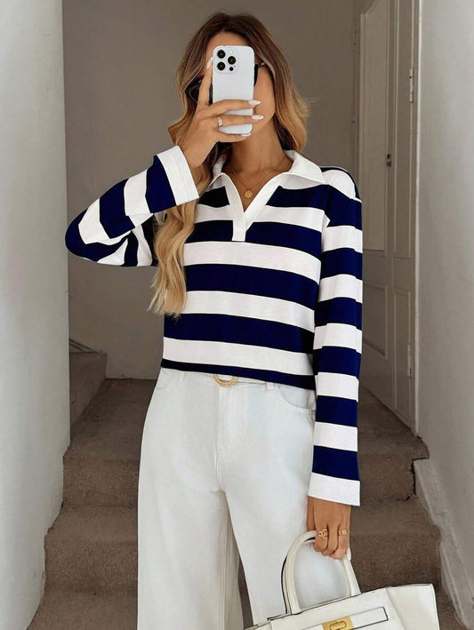 Polo Collar Striped Casual Sweatshirt