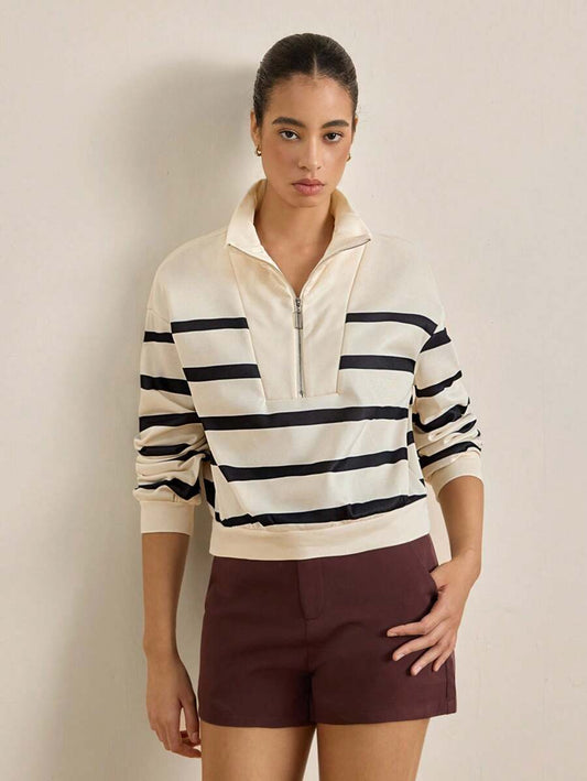 Striped Print Casual Half Open Collar Sweatshirt