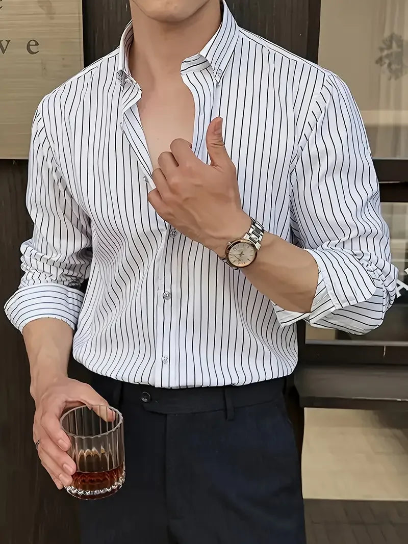 Black & White Striped Long Sleeve Button-Up Shirt