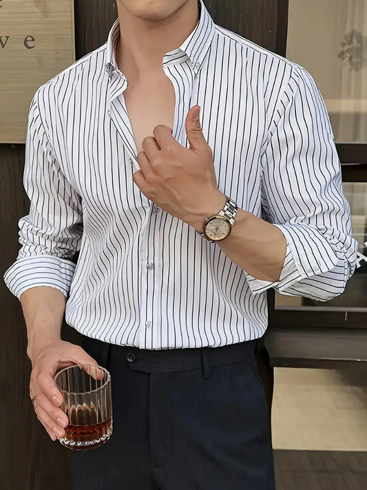 Black & White Striped Long Sleeve Button-Up Shirt