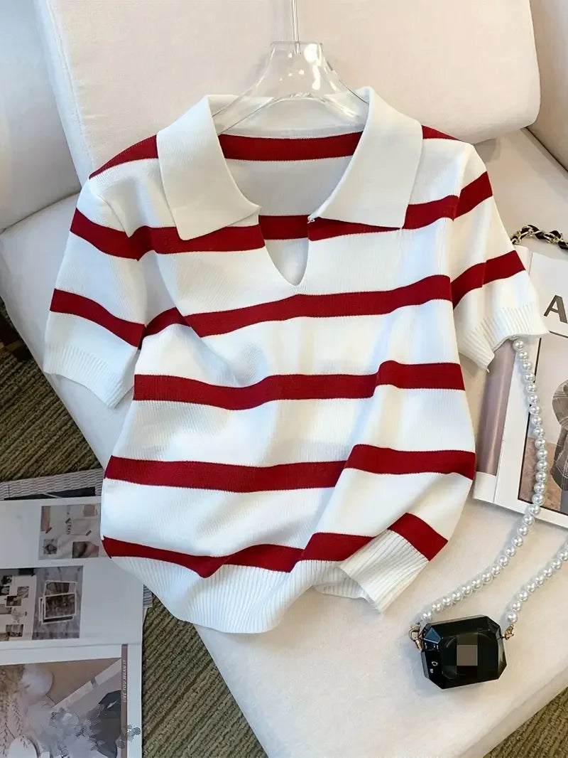 White & Red Contrast Striped Short Sleeve Top