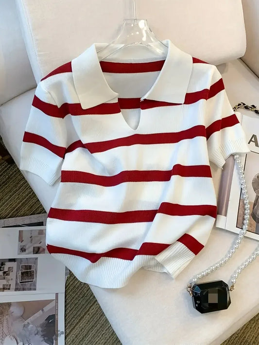 White & Red Contrast Striped Short Sleeve Top