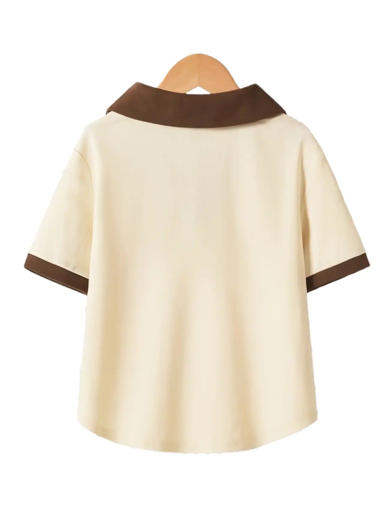 Brown Contrast Collar, Short Sleeve, Medium Stretch,