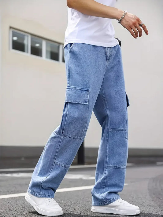 Denim Long Pants Straight Cut with Multiple Pockets