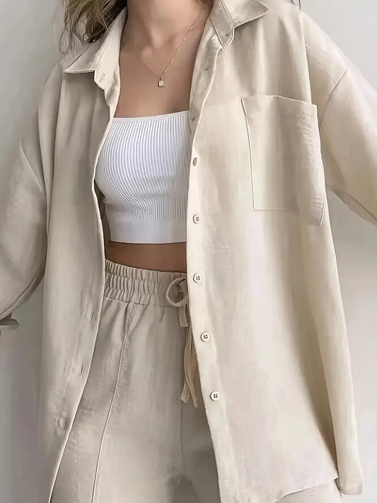 Casual Loose Fit Shirt & Wide Leg Pants Set