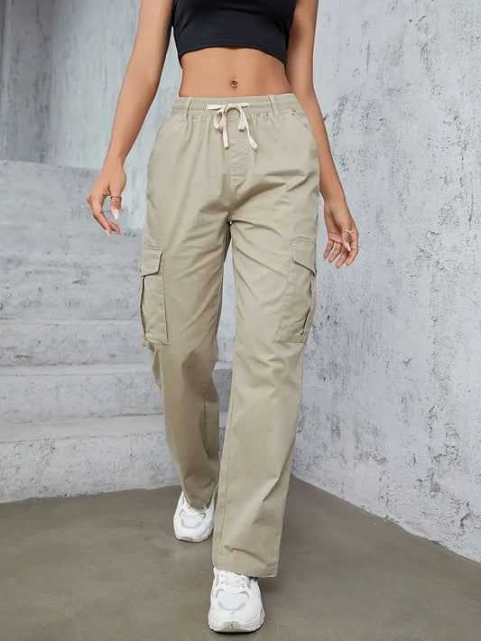 Solid Straight Leg Cargo Pants,