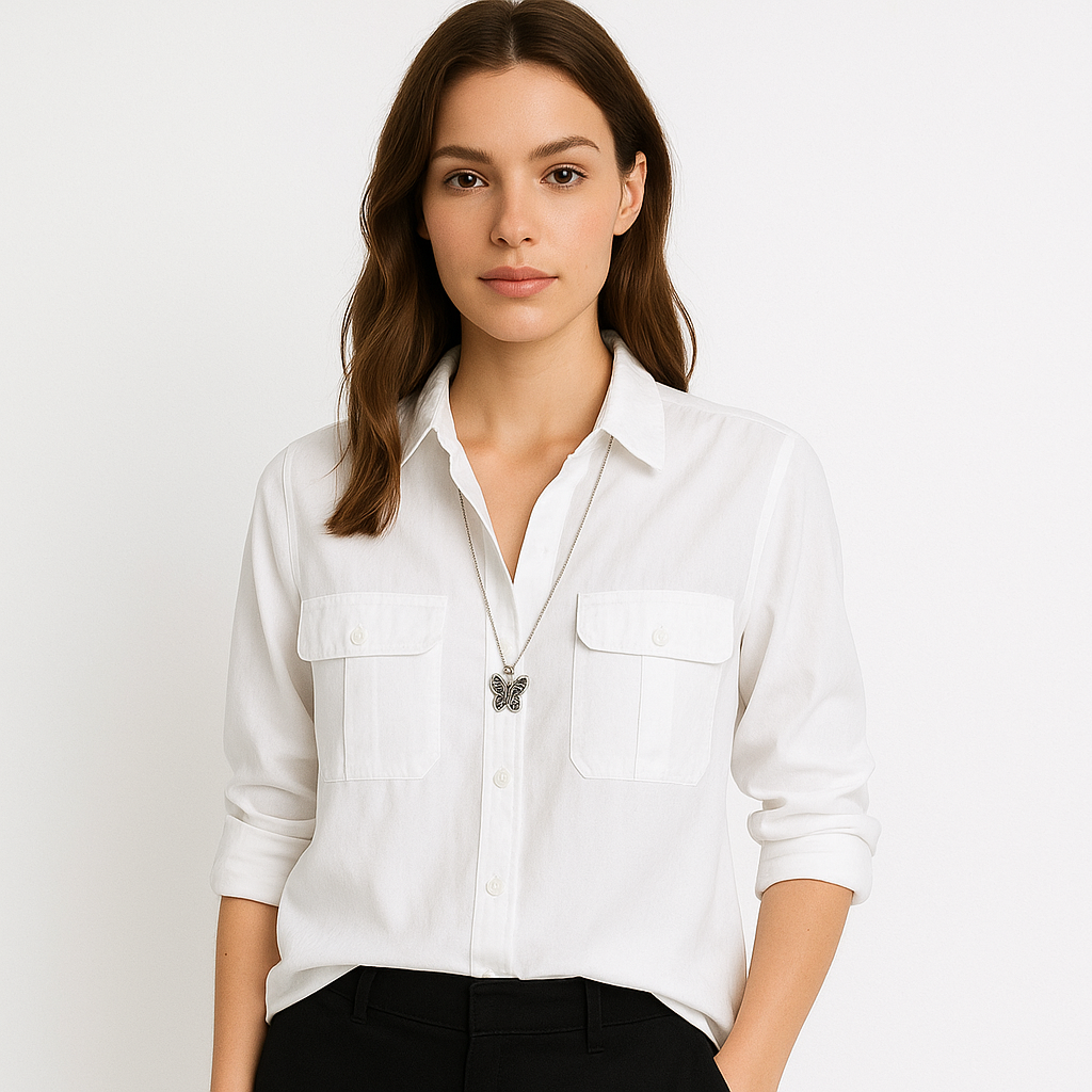 Classic White Button-Up Shirt with Dual Pockets