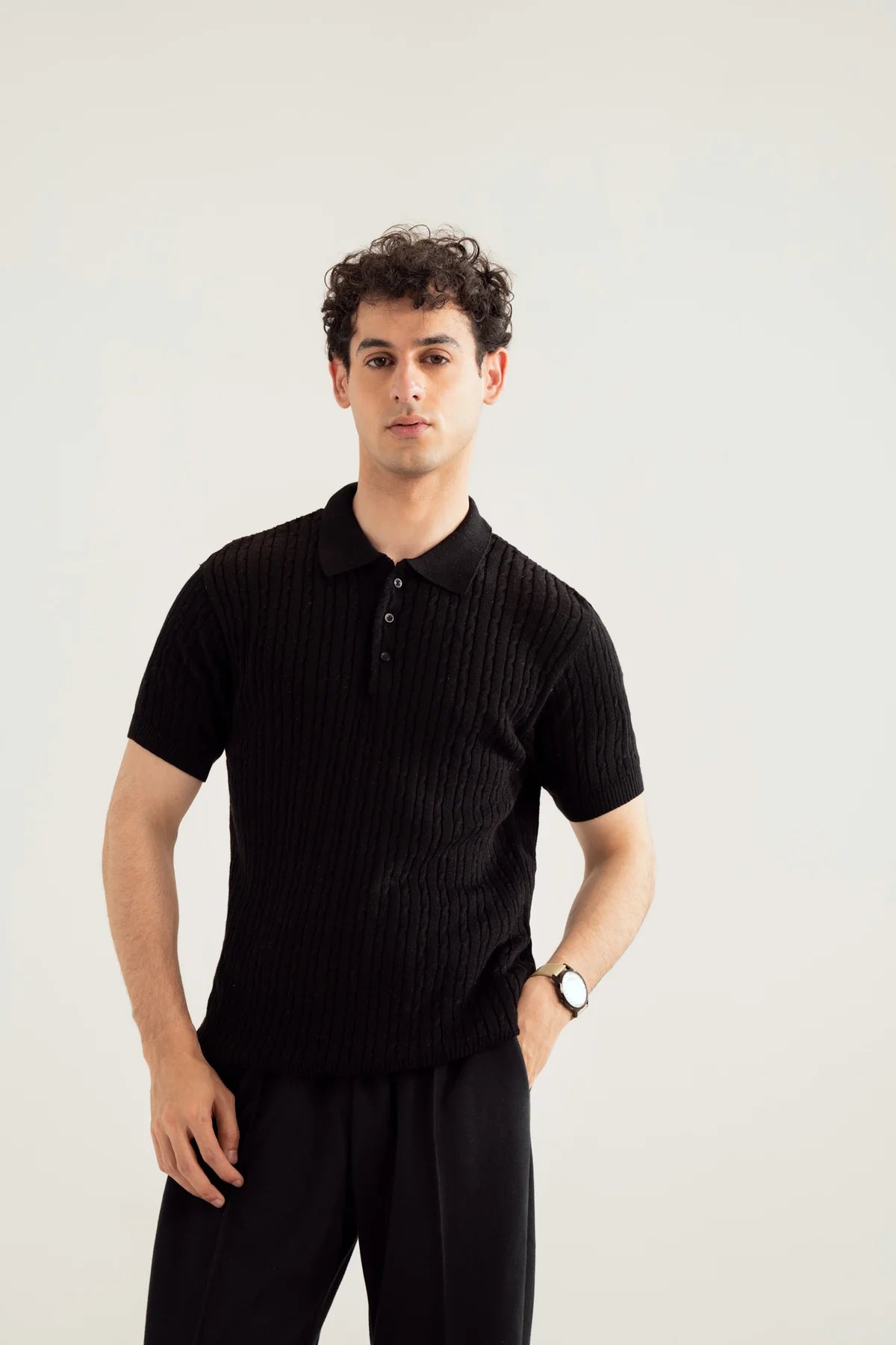 Black Cable Knit Polo