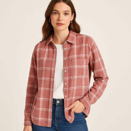 Pink Plaid Long Sleeve Shirt - Casual, Loose-Fitting