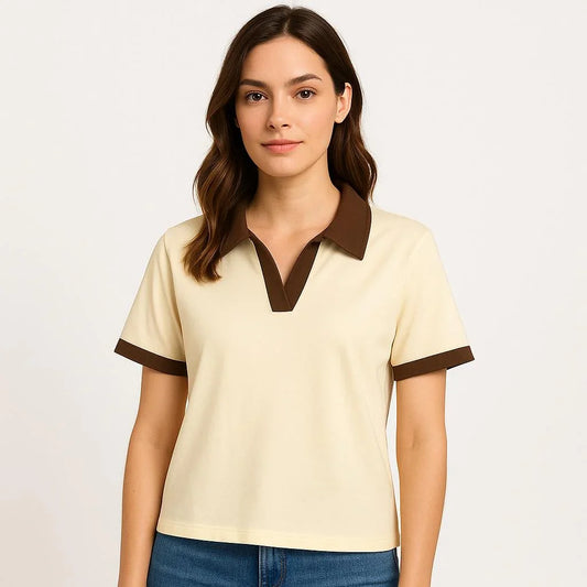 Brown Contrast Collar, Short Sleeve, Medium Stretch,