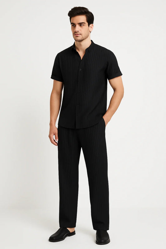 Men's Summer Solid Color Striped 2pcs Set