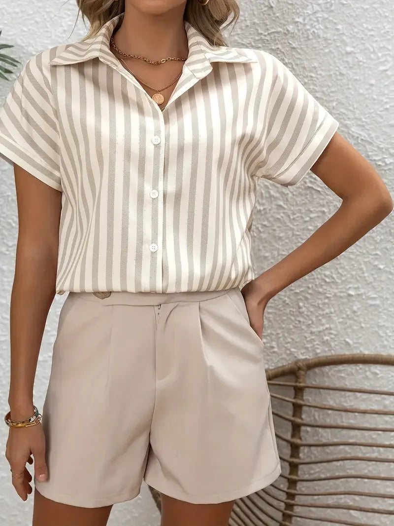 French Polo Shirt with Batwing Sleeves, Striped Print,